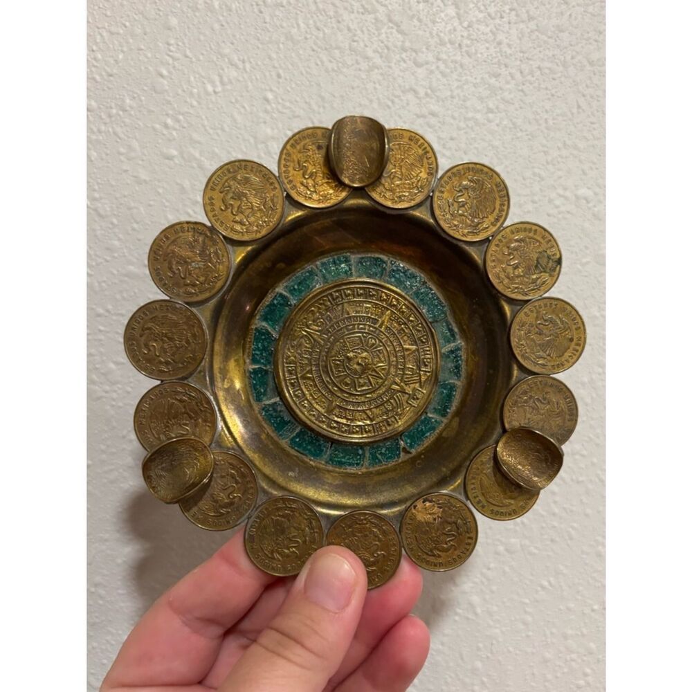 Vintage Mexican Coin Ashtray Aztec Calendar Brass Trinket Dish Mid Century Decor